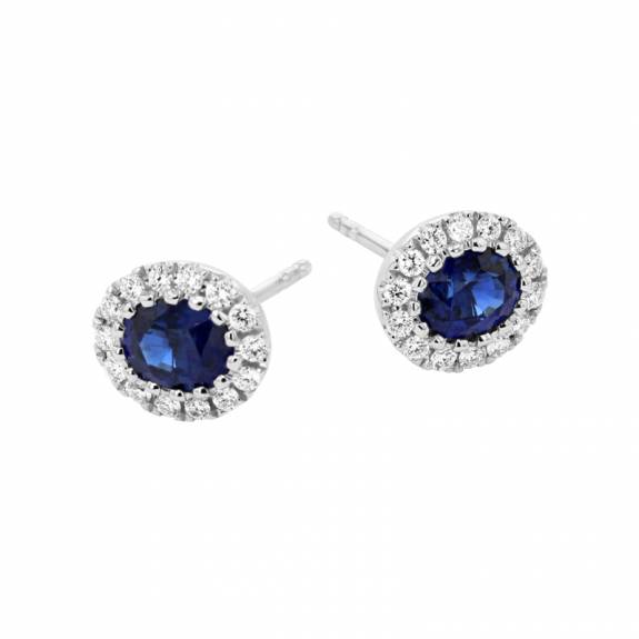 18ct White Gold Oval Sapphire & Diamond Cluster Style Stud Earrings