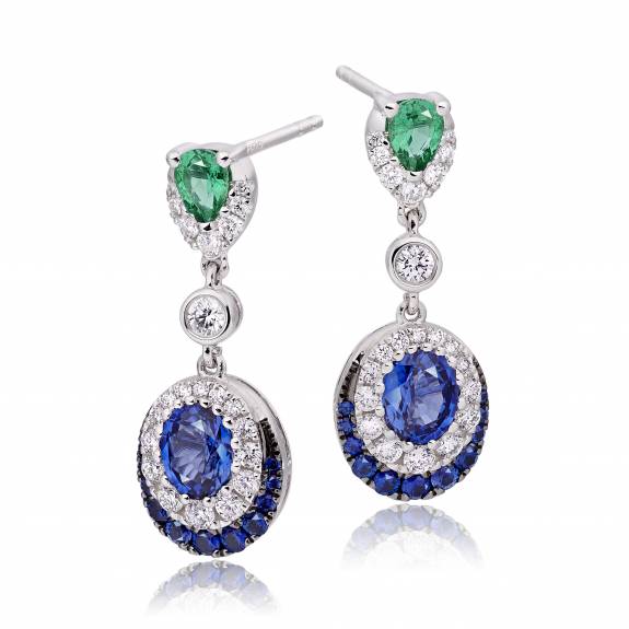 18ct Gold Sapphire, Diamond & Emerald Cluster Drop Earrings