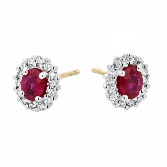  18ct White Gold Ruby & Diamond Oval Cluster Stud Earrings