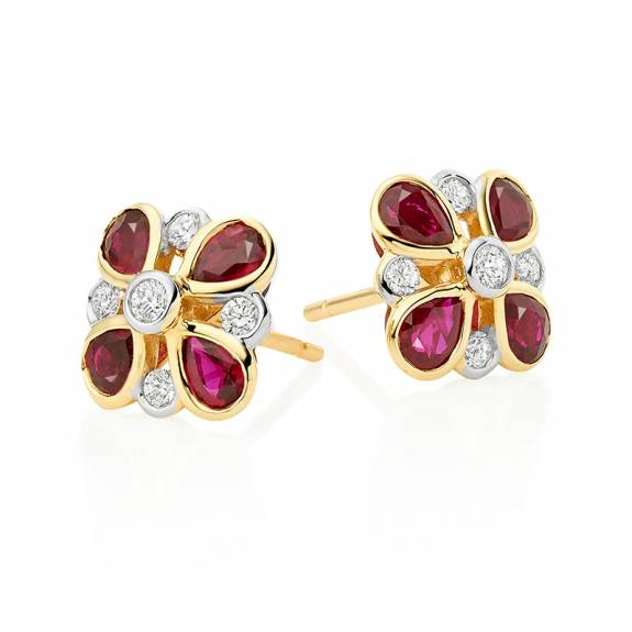 18ct Yellow Gold Ruby & Diamond Fancy Flower Cluster Earrings
