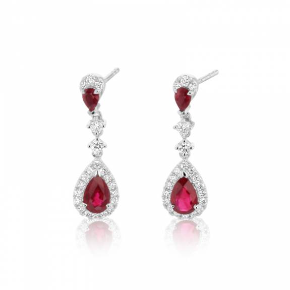 18ct White Gold Ruby & Diamond Pear Shape Drop Earrings