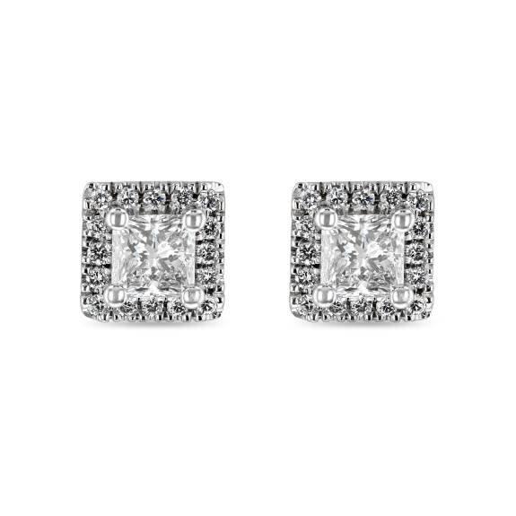 18ct White Gold Princess Cut Diamond Halo Style Stud Earrings - 0.37ct