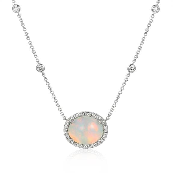 18ct White Gold Oval Opal & Diamond Pendant