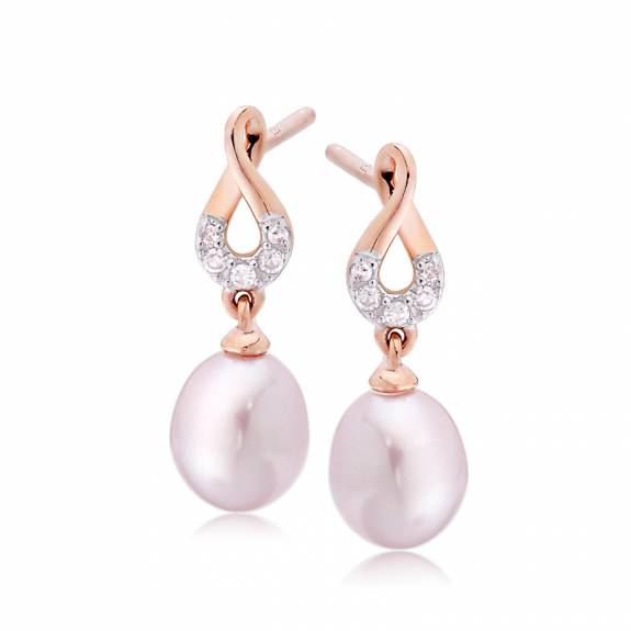9ct Rose Gold Pink Freshwater Pearl & Diamond Top Drop Earrings