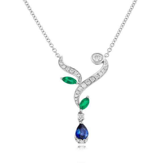 18ct White Gold Diamond, Sapphire & Emerald Necklet					