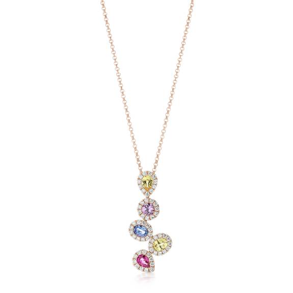 18ct Rose Gold Multi Coloured Sapphire & Diamond Shapes Cluster Pendant