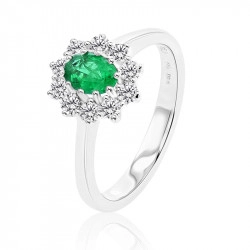 18ct White Gold Oval Emerald & Round Brilliant Diamond Cluster Style Ring