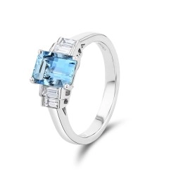 Platinum Aquamarine & Step Cut Diamond Five Stone Dress Ring