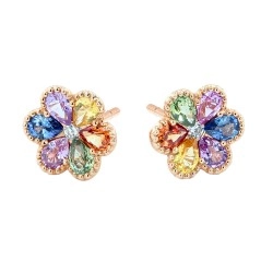 18ct Rose Gold Multi-Coloured Sapphire Flower Stud Earrings