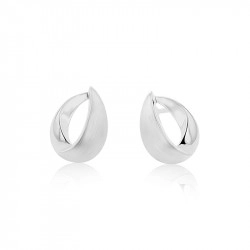 Silver Satin & Polished Open Tapered Oval Design Stud Earrings