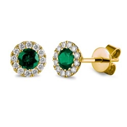 9ct Yellow Gold Emerald & Diamond Cluster Birthstone Stud Earrings - May