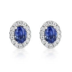 18ct White Gold Oval Sapphire & Diamond Cluster Design Stud Earrings