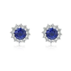 18ct White Gold Round Sapphire & Diamond Cluster Design Stud Earrings