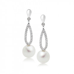 14ct White Gold Diamond Tear & Freshwater Pearl Drop Earrings
