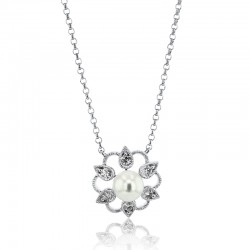18ct White Gold Freshwater Pearl & Diamond Flower Pendant