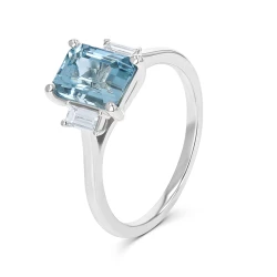 18ct White Gold Aquamarine & Baguette Diamond Three Stone Ring