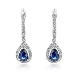 18ct White Gold Diamond Hoop & Pear Sapphire & Diamond Cluster Drop Earrings