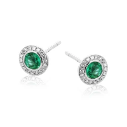 18ct White Gold Emerald & Diamond Round Halo Stud Earrings