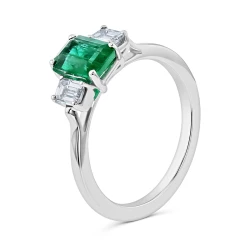 18ct White Gold Emerald Cut Emerald & Octagon Cut Diamond Three Stone Ring