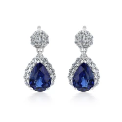 18ct White Gold Pear Sapphire & Diamond Cluster Design Drop Earrings