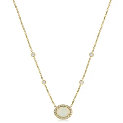 18ct Yellow Gold Oval Opal & Diamond Cluster Pendant Necklace
