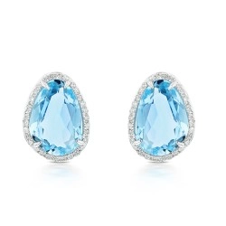 9ct White Gold Blue Topaz & Diamond Abstract Tear Design Cluster Earrings