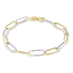 9ct Gold Alternating Yellow & White Flat Oblong Link Design Bracelet - 7.75"