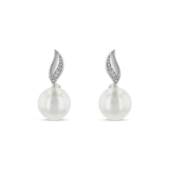 9ct White Gold Freshwater Pearl & Diamond Wave Top Earrings