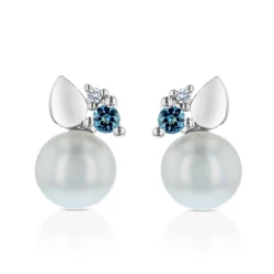 9ct White Gold Freshwater Pearl, London Blue Topaz & Diamond Stud Earrings