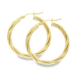 9ct Yellow Gold 27mm Rope & Plain Strand Hoop Earrings
