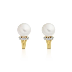 Curved 18ct Yellow Gold Freshwater Pearl & Diamond Earrings