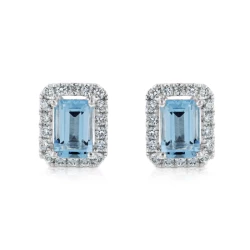 Emerald Cut 1.05ct Aquamarine & Diamond Stud Earrings