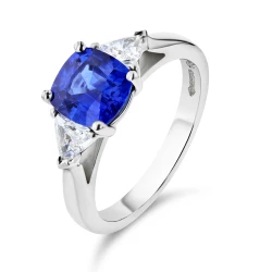 Platinum 1.89ct Cushion Sapphire & Trillion Diamond Three Stone Ring