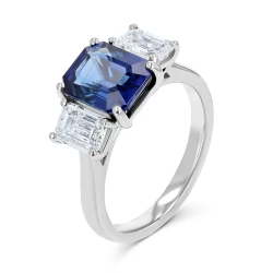 Platinum Octagon Cut 3.08ct Sapphire & Diamond Three Stone Ring