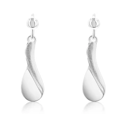 Silver Satin & Polished Concave Twist Design Drop Earrings