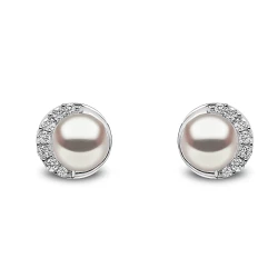 Yoko London Trend 18ct White Gold Freshwater Pearl & Diamond Curve Side Stud Earrings